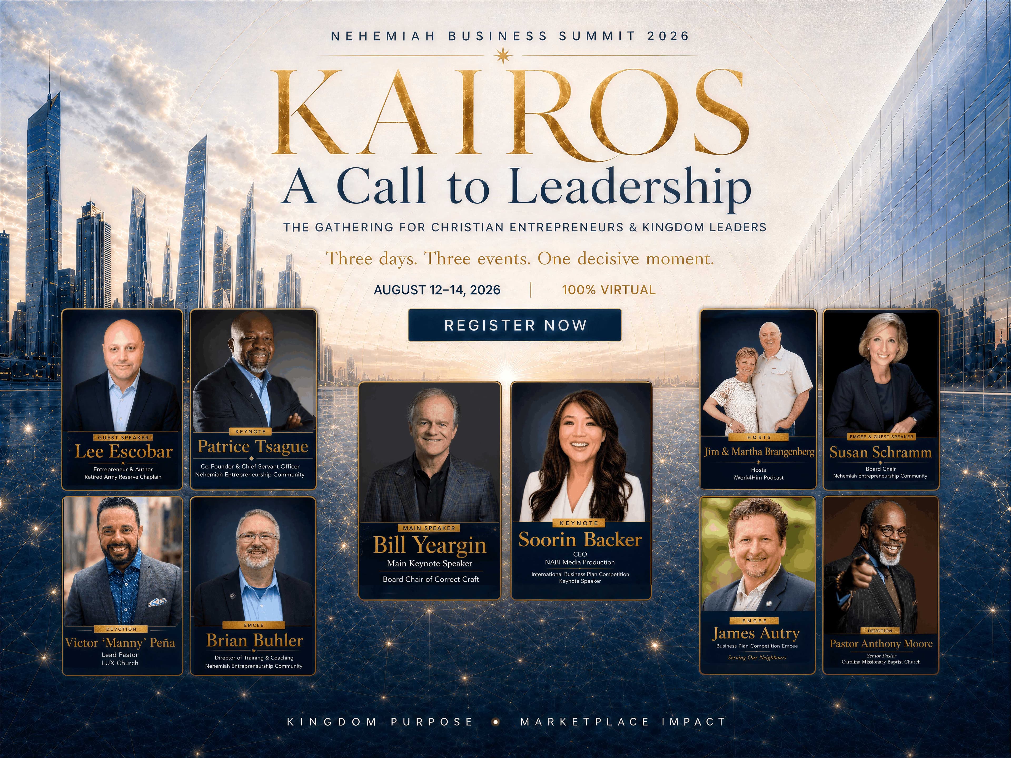 Kairos: A Call to Leadership — Nehemiah Business Summit 2026. Premium banner featuring the event title, keynote speakers with headshots, registration details, and a dramatic golden-lit cityscape background.